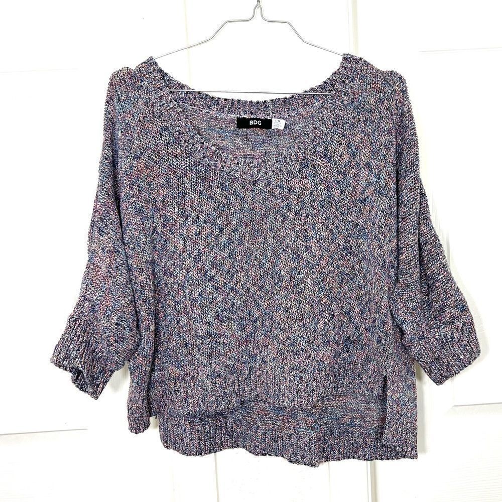 BDG Short Sleeve Sweater Boxy Slouchy Cropped Scoop Neck Rainbow Knit Size L
